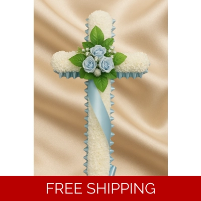 Blue Rose Cross Tribute – Artificial Funeral Arrangement